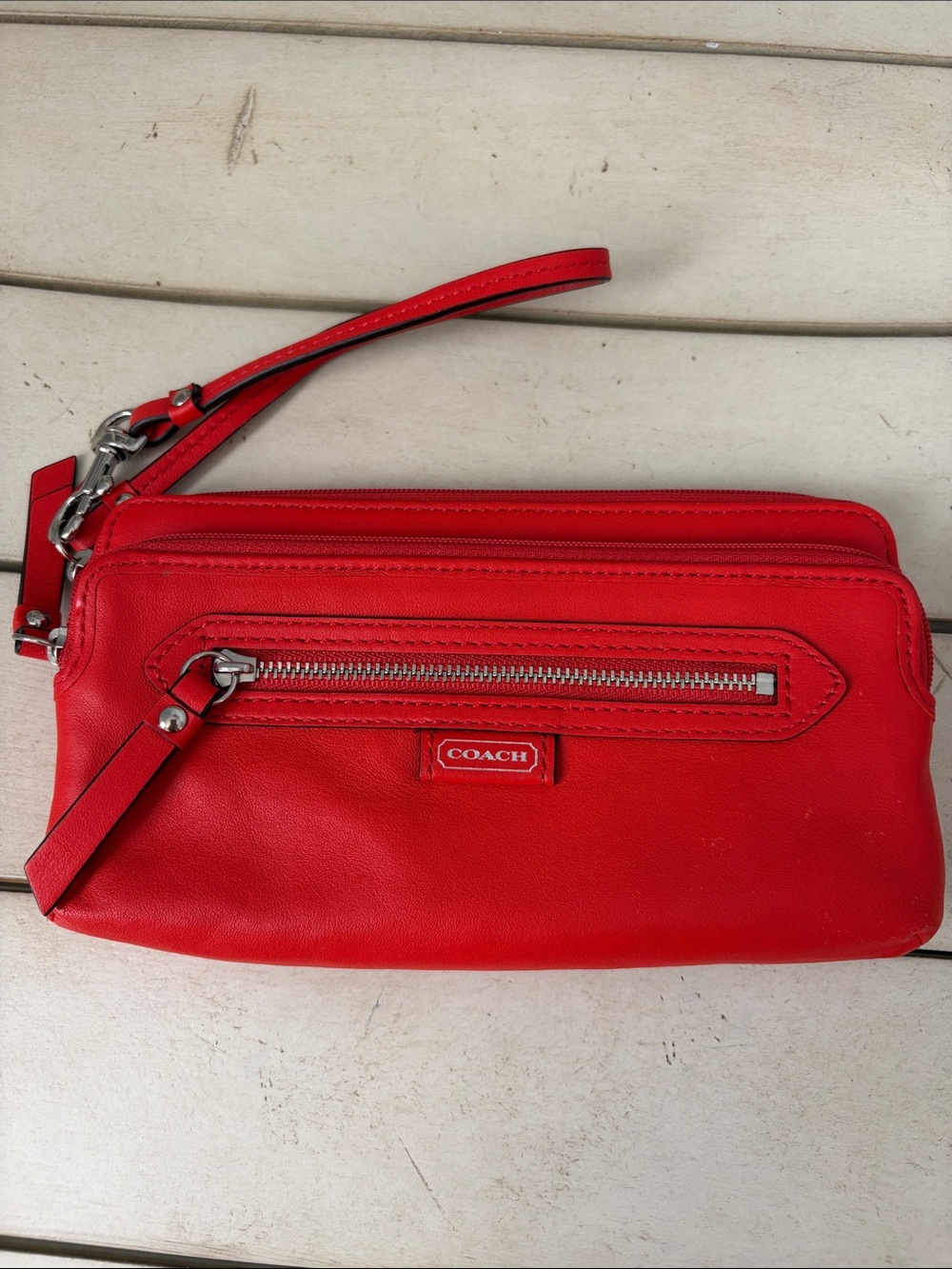 COACH Orange Red Leather Wristlet Clutch
